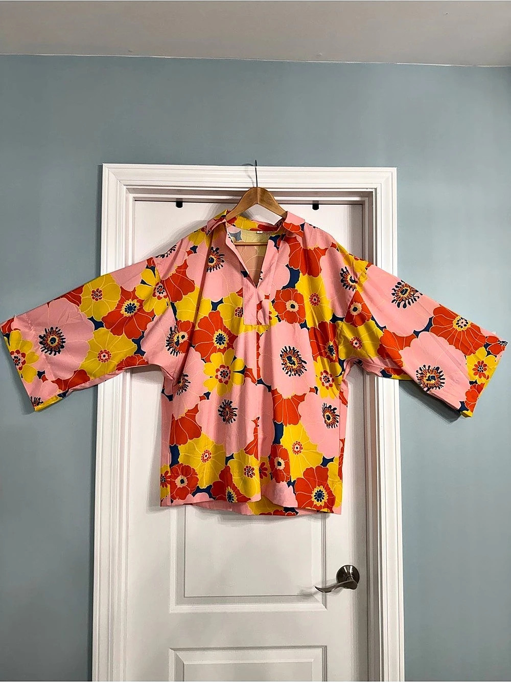 Marimekko Floral Button Down Shirt in Pink & Orange Like New